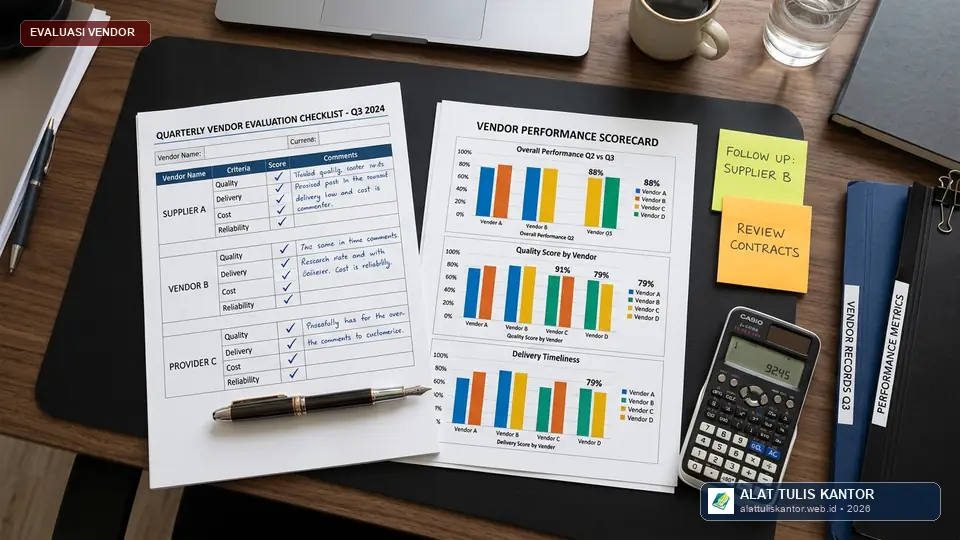 Lembar checklist evaluasi dan grafik scorecard kinerja vendor ATK triwulanan
